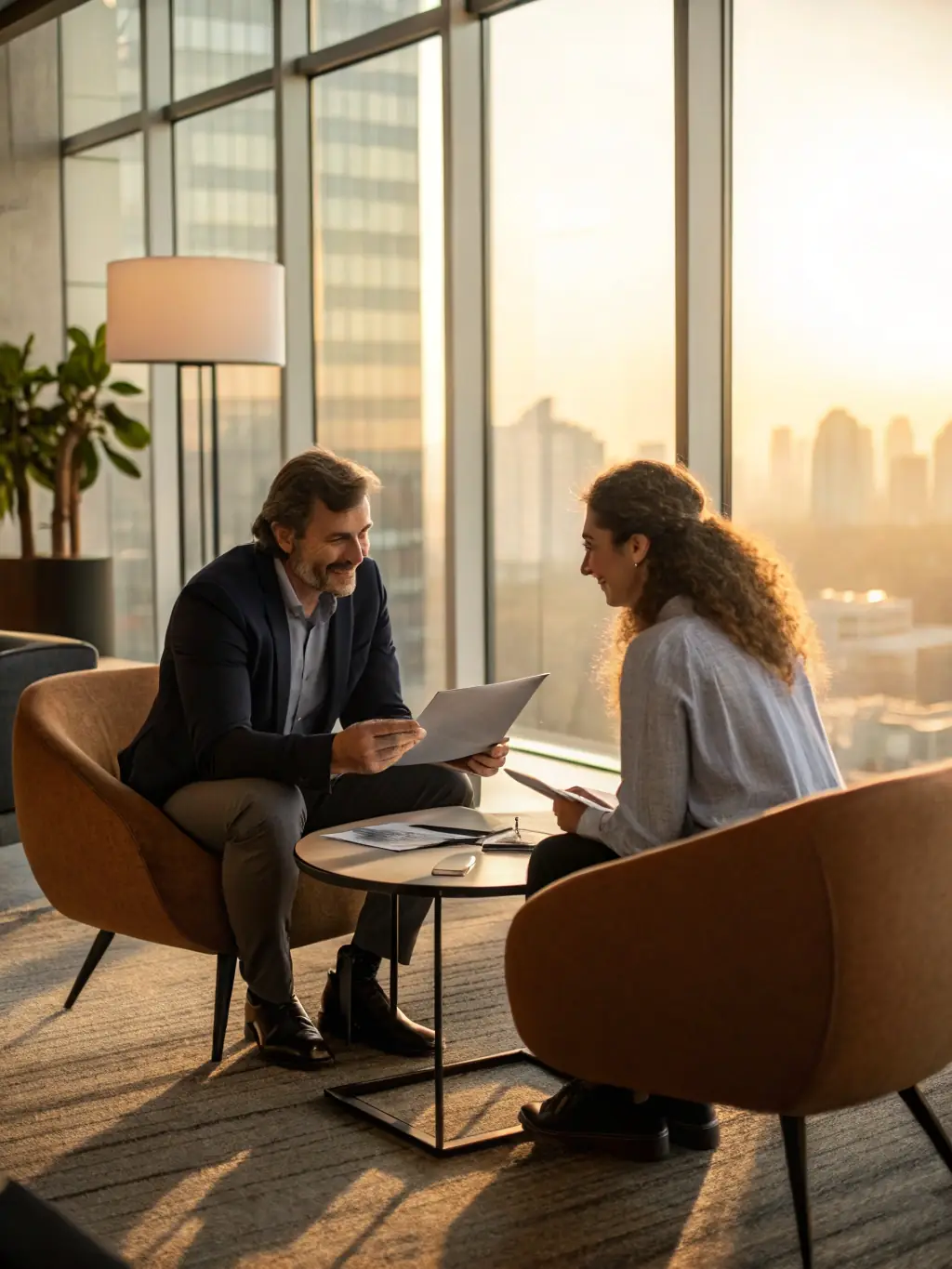 A friendly financial advisor is explaining personal financial planning options to a young couple in a sunny, modern office. They are reviewing charts and graphs on a tablet, illustrating potential investment growth and retirement savings strategies.