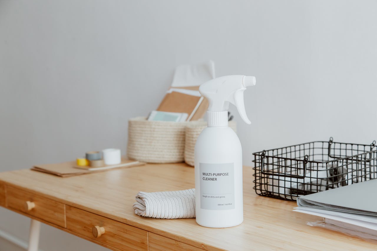 hero-img Minimalist desk with a focus on a multipurpose cleaner, office supplies, and storage solutions.