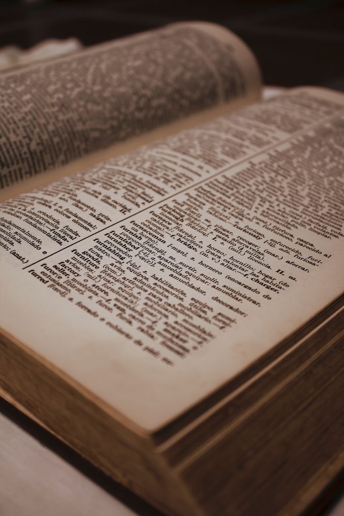 who-we-are Close-up of an old Spanish dictionary open on a page, highlighting text under warm lighting.